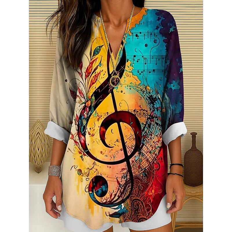 Music Festival Women's Blouse Tunic V Neck Long Sleeve Boho Casual Tops Ombre Graphic Geometric Elegant Vintage Tropical Regular Tops Daily Print Blue Orange Green