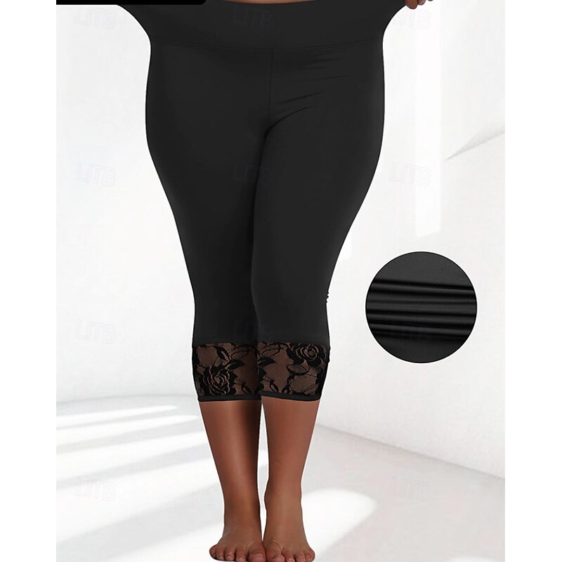 Women's pilates leggings Capri Leggings sport pants Lace Lightweight Pilates Gym Running Capri Leggings Solid Color Black Plus Size Sports Activewear Micro-elastic4