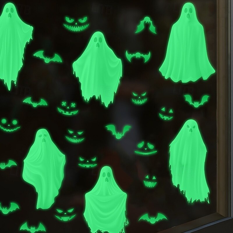 Halloween Glow-in-the-Dark Ghost Window Cling PVC Wall Stickers, White Luminous Ghost and Bat Decals for Halloween Party and Home Window Decor2