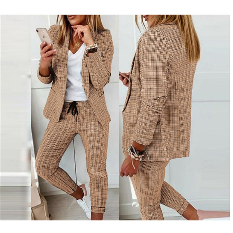 Women's Fashion Streetwear Daily Blazer Suits Long Sleeve Shirt Collar Plaid Print Office Work Black Pink Khaki Spring Regular Fit2