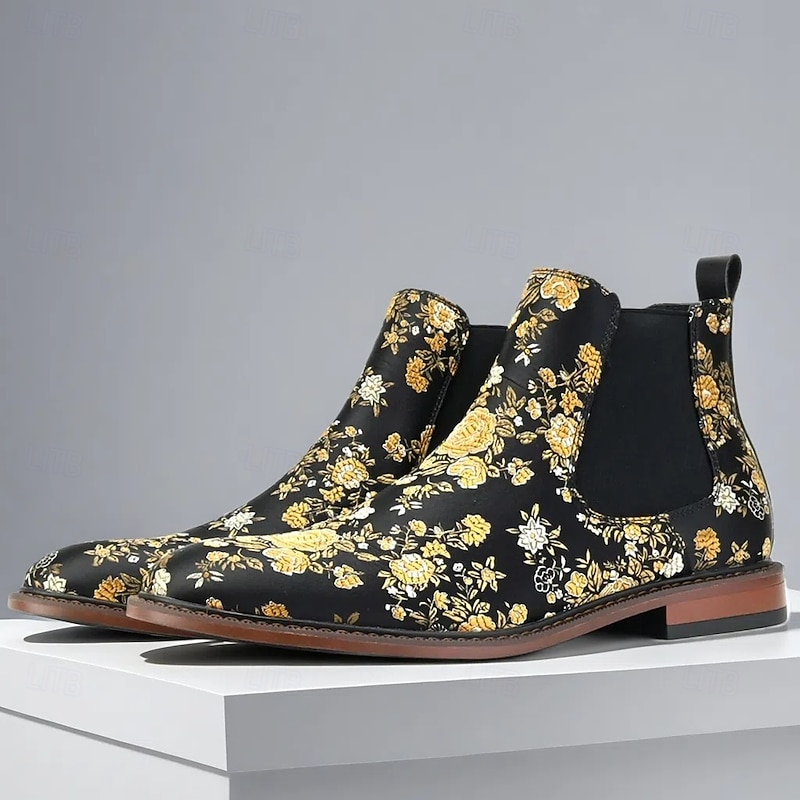 Men's Black Floral Print Chelsea Boots – Unique Slip-On Design with Vibrant Floral Pattern, Ideal for Fashion Events and Special Occasions