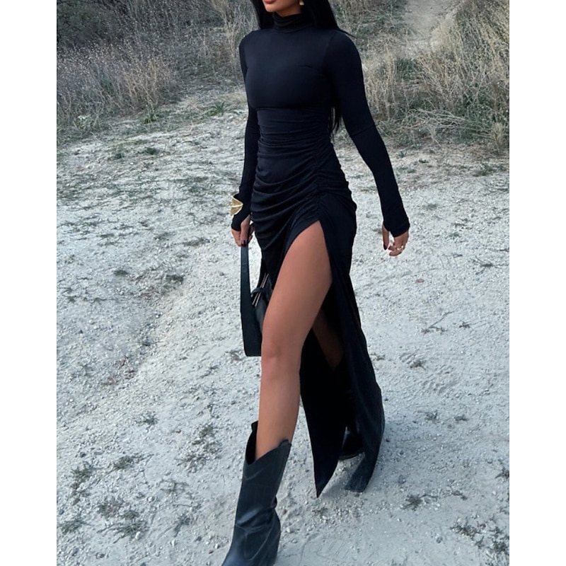 Women's Long Dress Maxi Dress Velvet Dress Cocktail Dress Bodycon Ruched Dress Fashion Classic Vacation Daily Evening Party Regular Fit Plain Long Sleeve Turtleneck Black Fall4