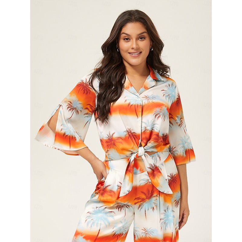 Summer Cuban Collar Tie-front Cropped Loose-fitting Floral Top