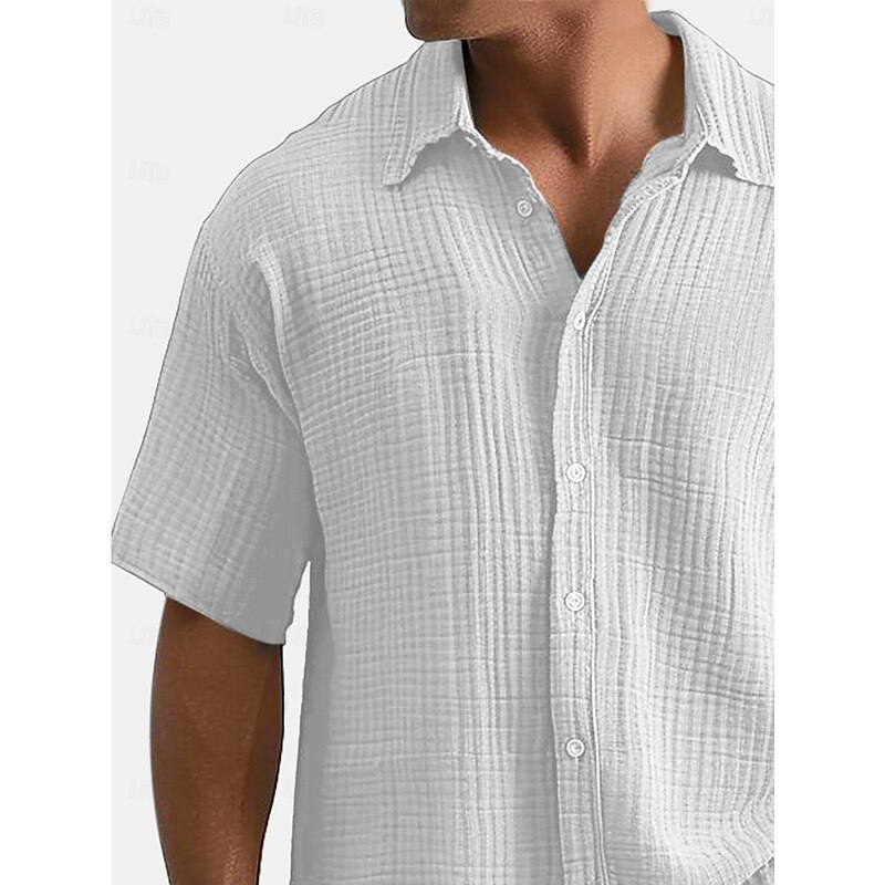 Men's Shirt Summer Shirt Beach Wear Seersucker Shirt Solid Color Vacation Street Black White Wine Navy Blue Short Sleeve Shirt Collar Summer Spring Clothing Apparel Pocket4