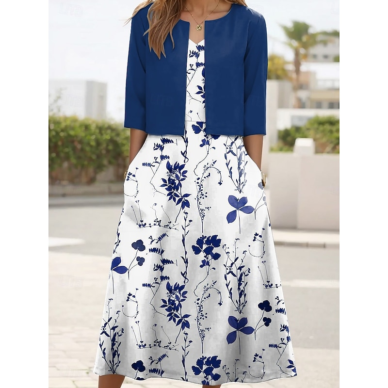 Women's Two Piece Dress Sets Midi Dress with Jacket Elegant A Line Dress Half Sleeve Party Cocktail Floral Print V Neck Wedding Guest Daily Sky Blue Green Dark Blue Regular Fit