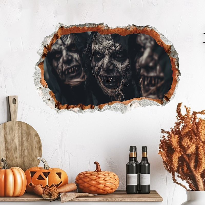 Halloween Wall Decal Sticker 3D Scary Breakthrough Skeleton and Zombie Design, Self-Adhesive Wall Decor for Bedroom and Living Room Holiday Decoration