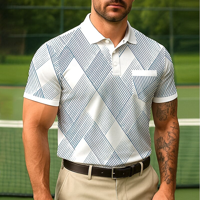 Men's Geometic Line Polo Short Sleeve Turndown Office Casual Daily Buttons Pocket Summer Violet Robin's Egg Blue White3