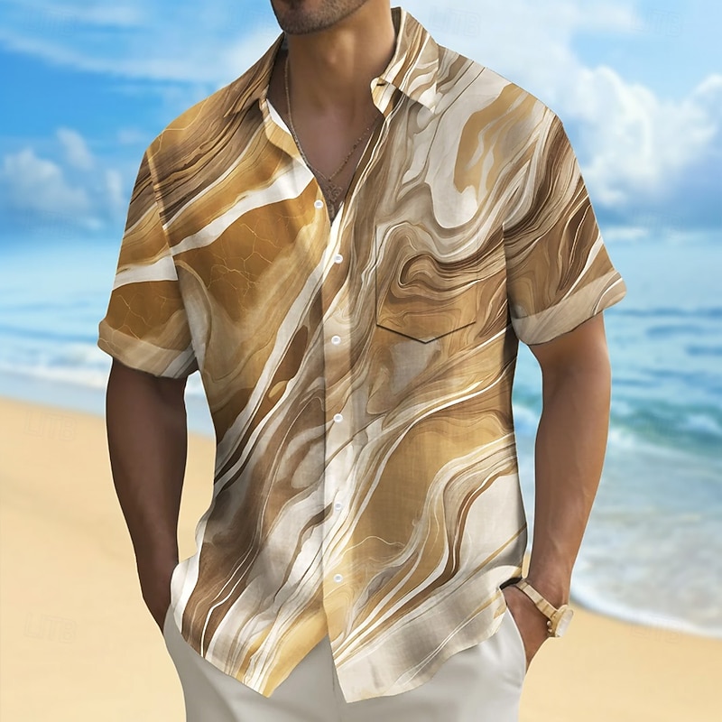 Men's Marble Abstract Liquid Art Shirt Summer Shirt Button Up Shirt Short Sleeve Fashion Casual Outdoor Vacation Dailywear Summer Spring Turndown 3D Print Collared Shirts Front One Pocket Purple Khaki
