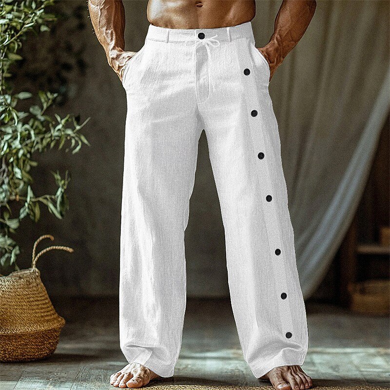 Men's Trousers Summer Pants Beach Pants Pocket Side Button Plain Comfort Breathable Vacation Daily Holiday Hawaiian Boho Black White