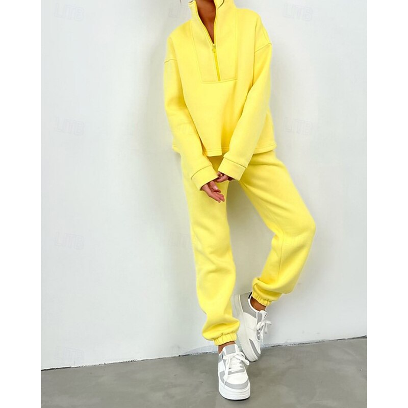 Women's Tracksuit Sweatpants Pullover Sweatshirt Zipper Pocket Solid Colored Clothing Suit Fall Black Yellow Spandex Workout Athleisure Running Thermal Warm Windproof Long Sleeve Sport Activewear3