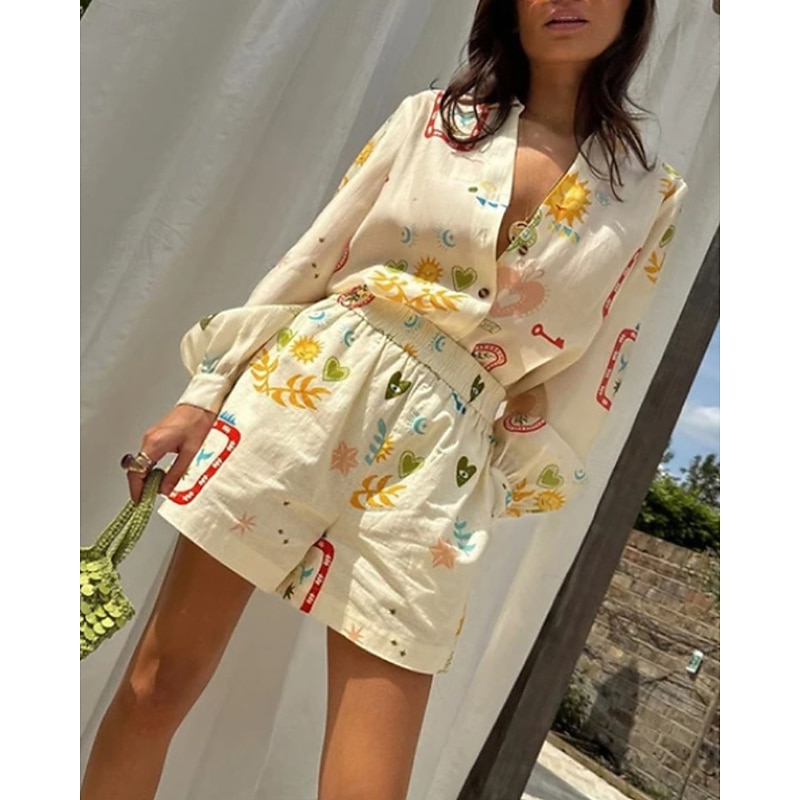 Women's Active Streetwear Shirt Blouse Shorts Sets Long Sleeve Shirt Collar Floral Print Vacation Casual Daily Beige Fall Regular Fit3