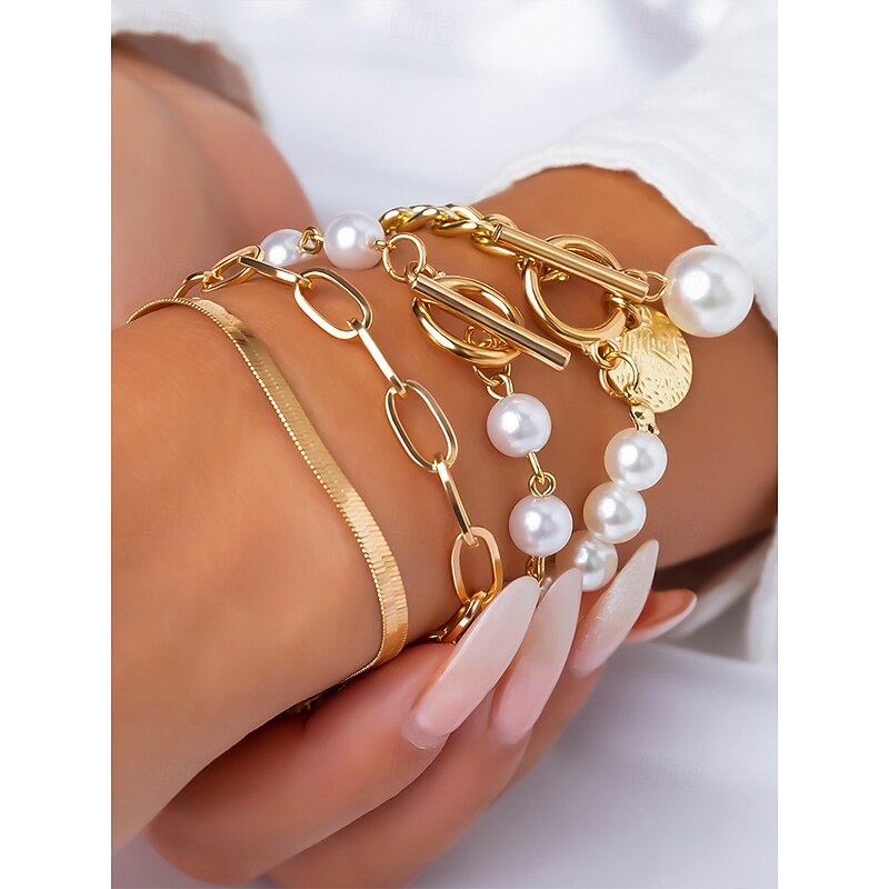 Women's Gold Chain and Pearl Bracelet Set, Fashion Toggle Clasp Jewelry, Elegant Layered Style for Girls and Women, Ideal for Parties Weddings,Office and Daily Wear2