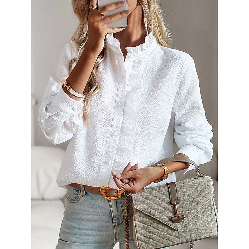 Women's Shirt Button Down Blouse Solid Color Plain Striped Elegant Stylish Basic Long Sleeve Crew Neck Regular Tops Daily Ruffle Buttons White Pink Sky Blue Gray Spring Fall Winter2