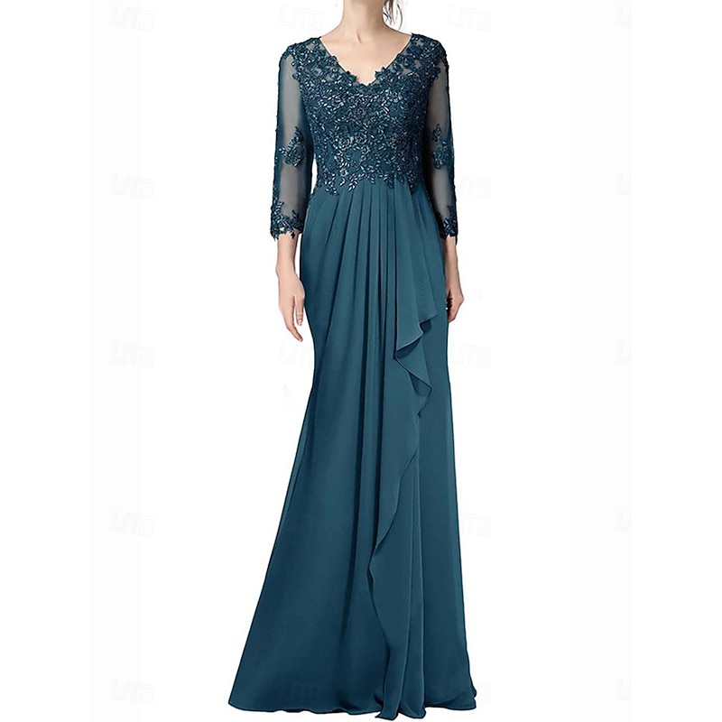A-Line Mother of the Bride Dress Elegant V Neck Floor Length Chiffon 3/4 Length Sleeve with Pleats
