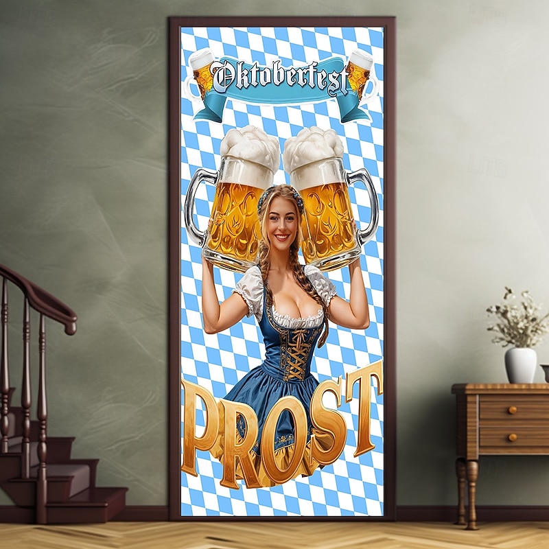 Oktoberfest Door Decorations German Bavarian Beer Door Covers Door Tapestry Blue White Plaid Decoration Backdrop Indoor/Outdoor Door Banner for Front Door Office Door2