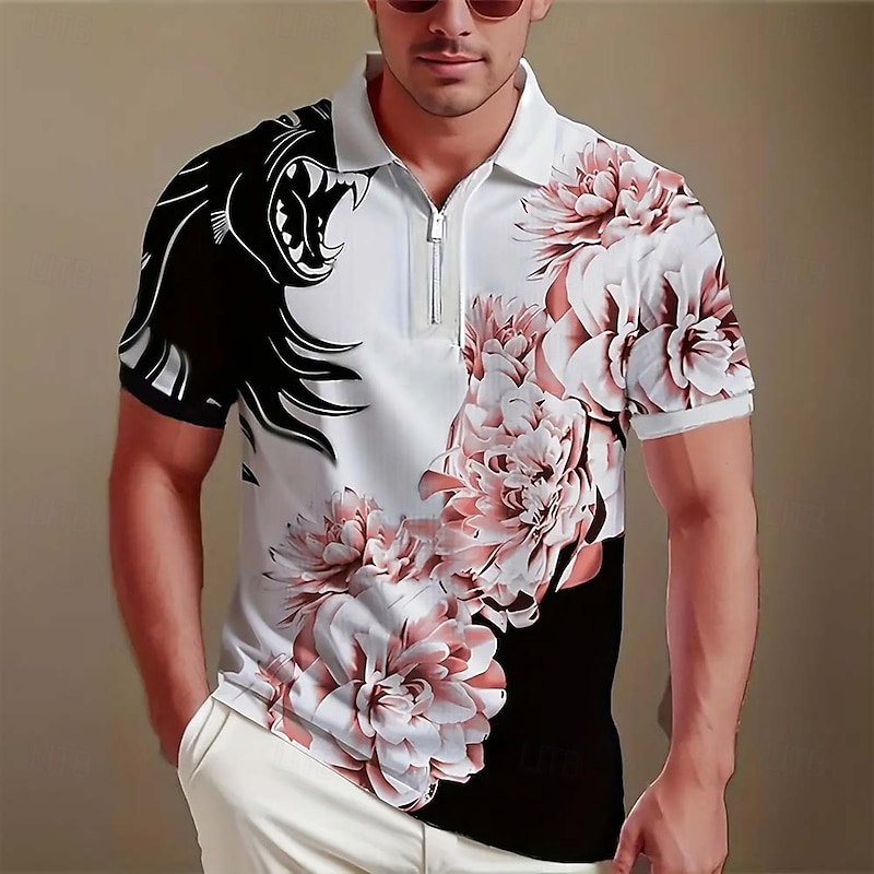 Men's Floral Zip Polo Short Sleeve Turndown Casual Daily Modern Athleisure Casual Daily Zipper Summer Robin's Egg Blue Black Red2