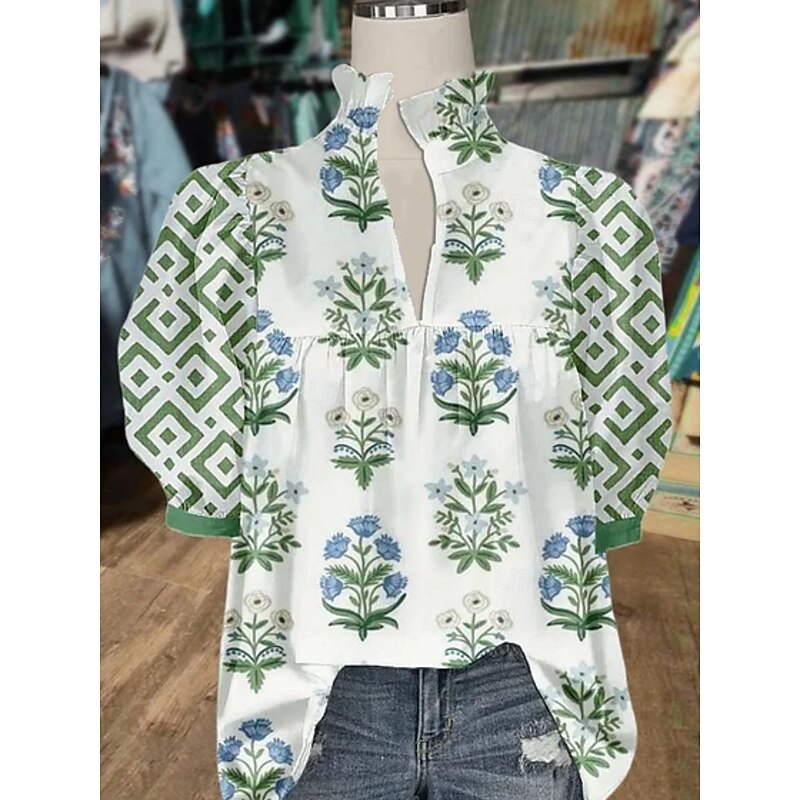 Women's Shirt Floral Stylish Modern Half Sleeve V Neck Regular Tops Daily Holiday Print White Blue Green Khaki Summer2