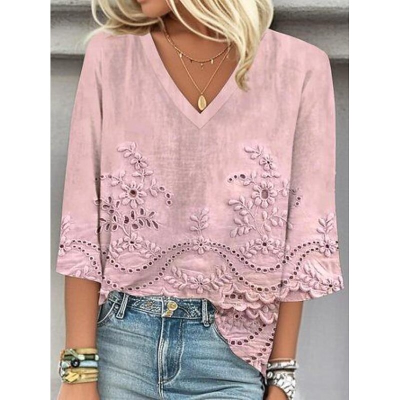 Women's Blouse Button Down Floral Graphic Elegant Stylish Casual 3/4 Length Sleeve V Neck Regular Tops Daily Holiday Going out Print White Pink Blue Summer Spring2