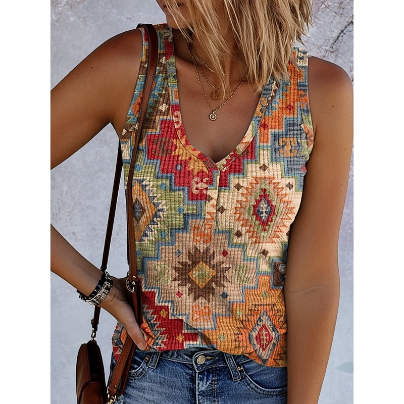 Women's Camisole Tank Top Graphic Geometric Vintage Stylish Ethnic Sleeveless V Neck Regular Tops Daily Print Blue Purple Brown Green Summer Spring