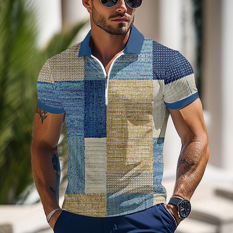 Men's Color Block Zip Polo Shirts Short Sleeve Polo Shirts Lapel Business Casual Outdoor Athleisure 3D Print Summer Blue Green Gray