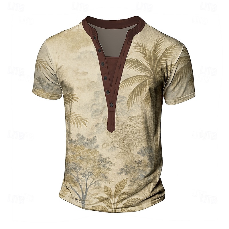 Men's Palm Tree T Shirt Henley Shirt Tee Short Sleeve Designer Basic Classic Outdoor Casual Daily Summer Dark Brown Grey Khaki Henley Henley T-Shirt3