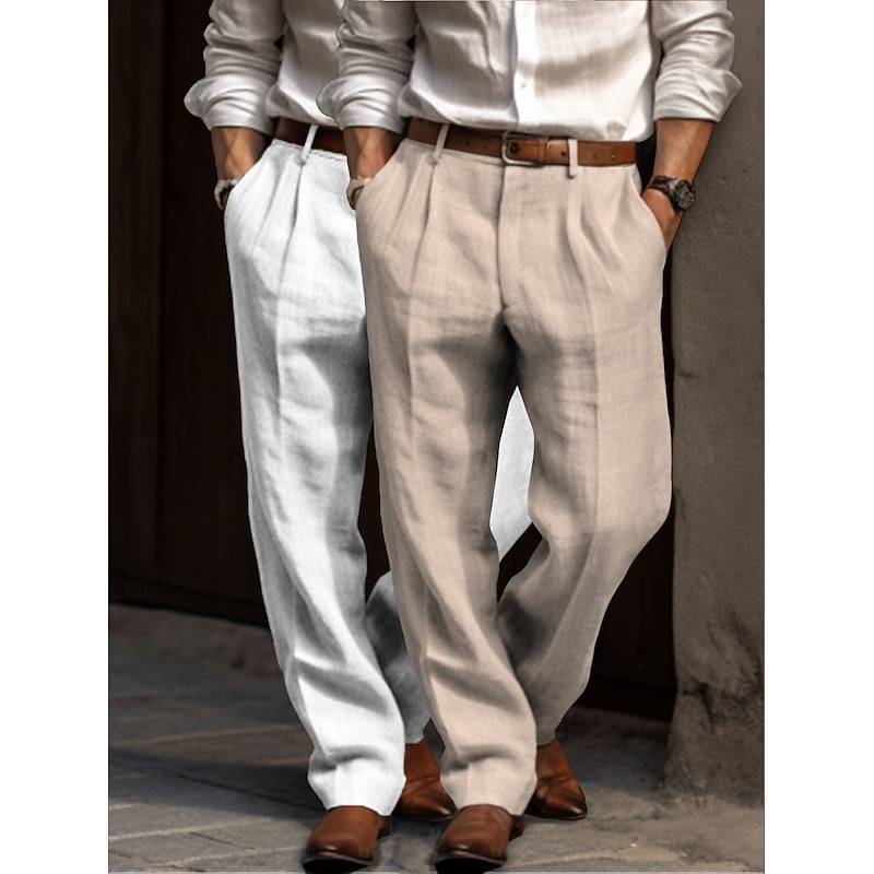 Men's Linen Pants Trousers Dress Pants Summer Pants Pleated Pants Front Pocket Straight Leg Multi-pack Plain Comfort Breathable Full Length Outdoor Casual Daily Vacation Fashion Green+Gray Black+Grey2