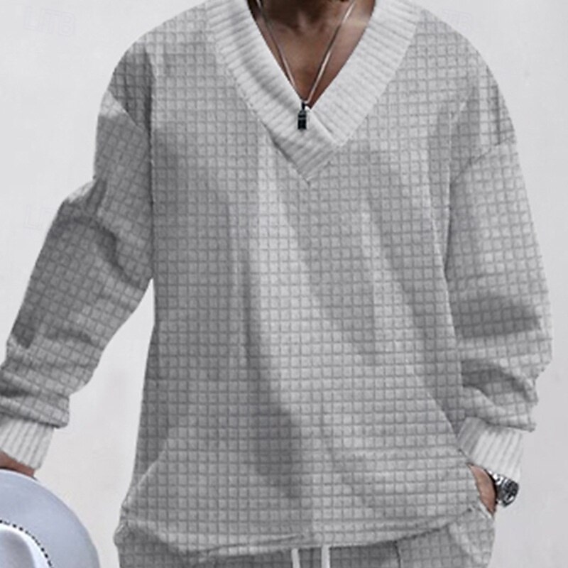 Men's Waffle Sweatshirt Black White Khaki Light Grey Dark Gray V Neck Plain Oversized Casual Daily Holiday Streetwear Cool Casual Spring &  Fall Clothing Apparel Hoodies Sweatshirts
