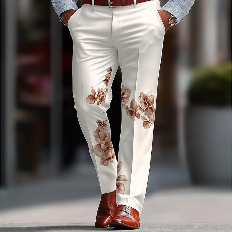 Men's Floral Print Flowers Dress Pants Trousers Suit Pants Mid Waist Casual Formal Outdoor Vacation Regular Fit Flat-Front Straight Leg Pants with Pockets Summer Spring Fall 3D Print Brown khaki Beige