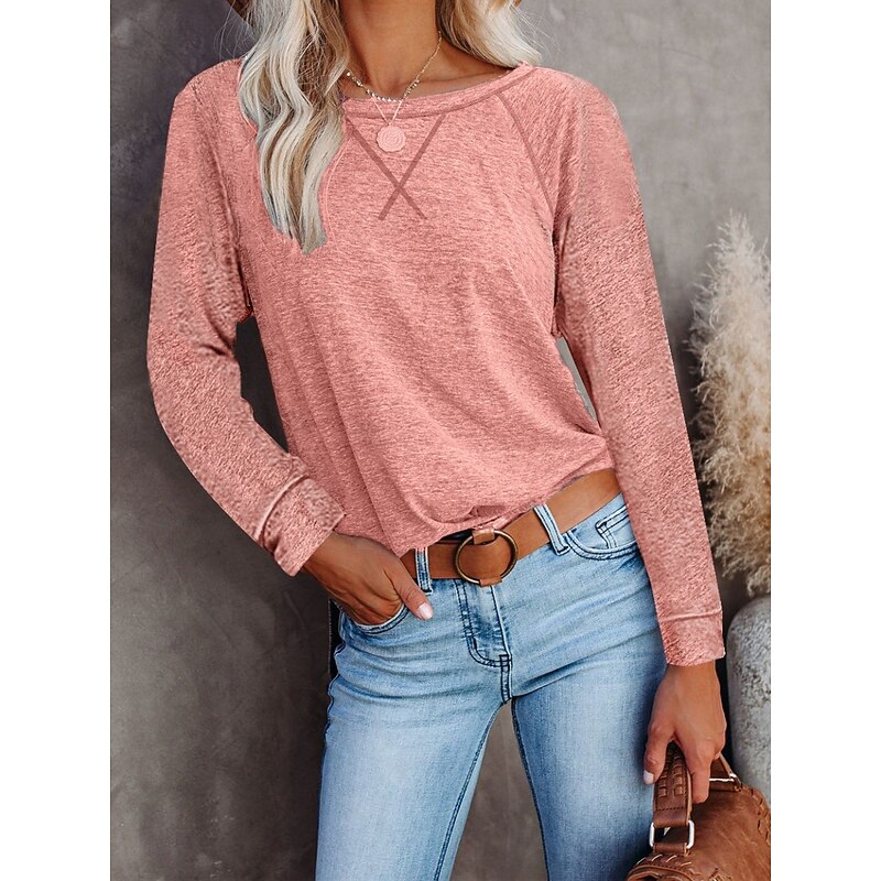 Women's T Shirt Color Block Fashion Stylish Modern Long Sleeve Crew Neck Regular Tops Daily Weekend Pink Wine Green Dark Gray Fall Winter