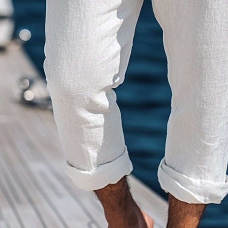 Men's Linen Pants Trousers Summer Pants Baggy Pants Beach Pants Elastic Waist Drawstring Straight Leg Plain Comfort Breathable Full Length Outdoor Holiday Beach Vacation Fashion White Army Green3