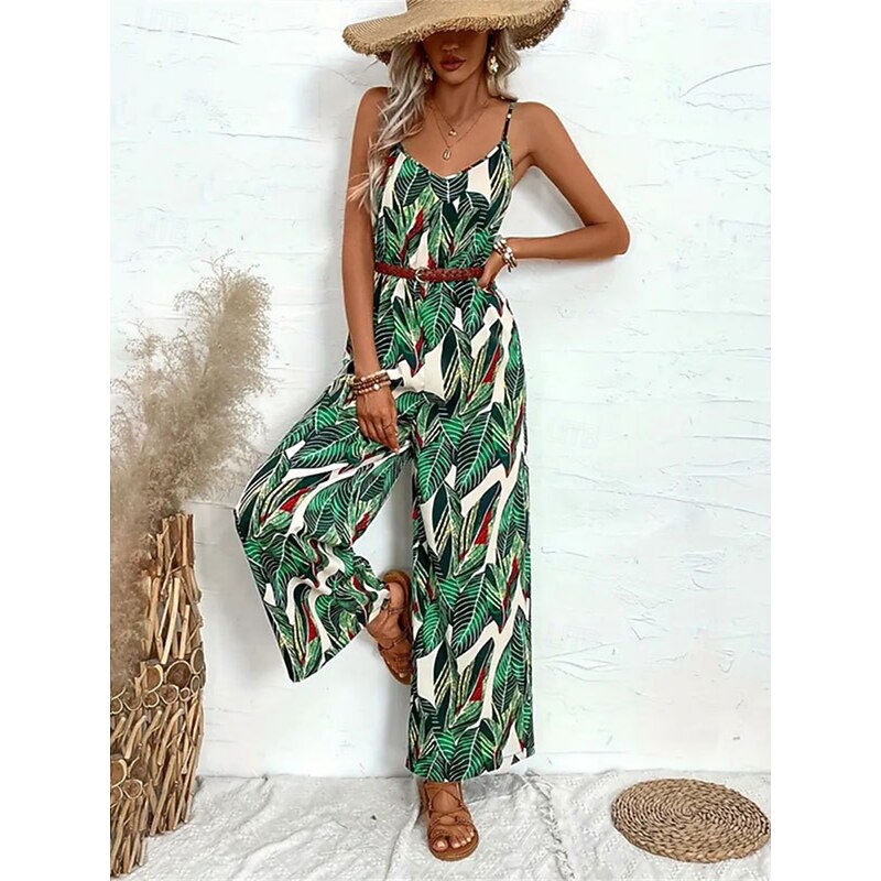 Women's Normal Jumpsuit Active Floral Sleeveless V Neck Backless High Waist Vacation Daily Regular Fit Green Summer3