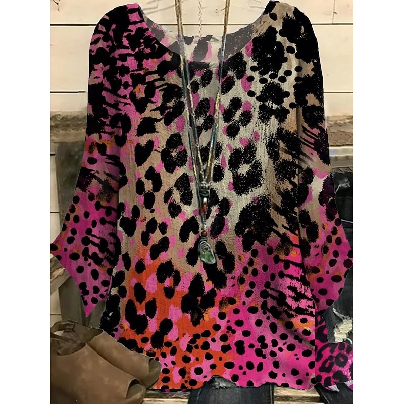 Women's Shirt Leopard Stylish 3/4 Length Sleeve Crew Neck Regular Tops Daily Holiday Print Purple Fuchsia Brown Summer3
