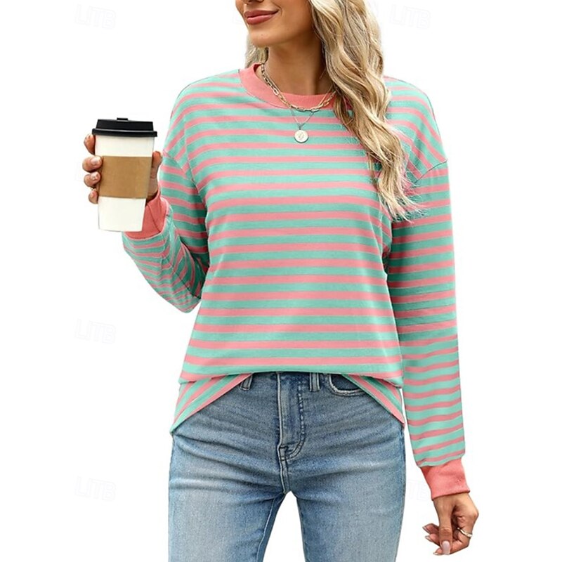 Women's Blouse Striped Modern Casual Long Sleeve Crew Neck Regular Tops Daily Going out Patchwork Blush Pink Black White Light Green Pink Summer4