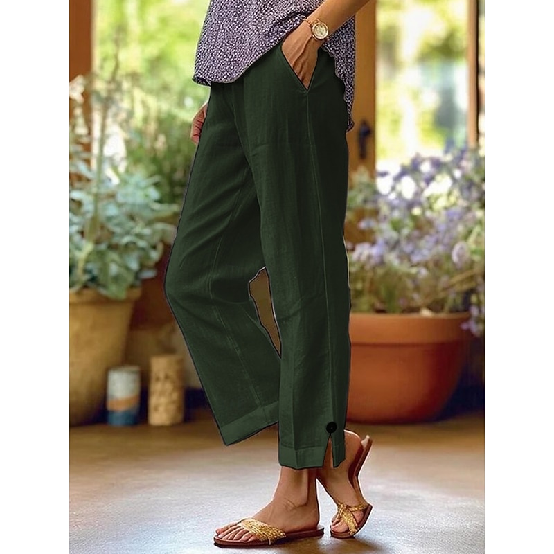 Women's Chinos Vintage Fashion Basic Ankle-Length High Waist Plain Pocket Comfort Outdoor Inelastic Vacation Street Daily Deep Green Navy White Pink Summer Spring Loose Fit4