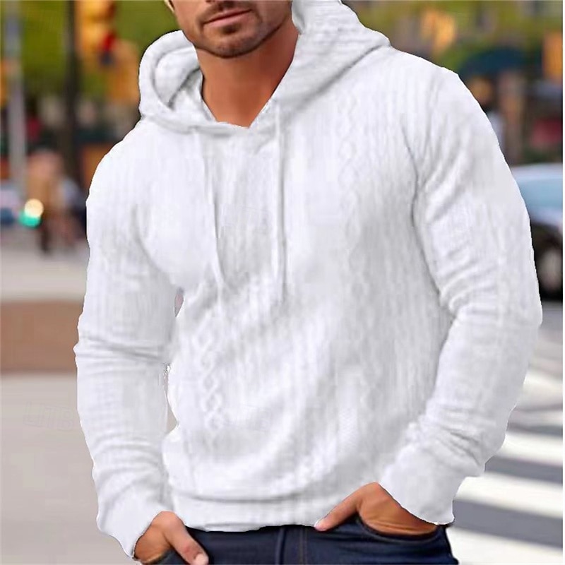 Men's Hoodie Black White Blue Gray Hooded Plain Jacquard Pocket Ribbed Textured Sports & Outdoor Daily Holiday Polyester Streetwear Basic Casual Spring Autumn / Fall Clothing Apparel Hoodies