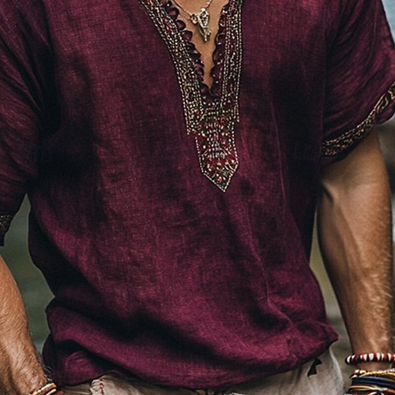Men's Linen Shirt Summer Shirt Vintage Shirt Short Sleeve Shirt Ethnic Shirt Patchwork Vacation Street Fuchsia Short Sleeve V Neck Summer Clothing Apparel Ethnic3