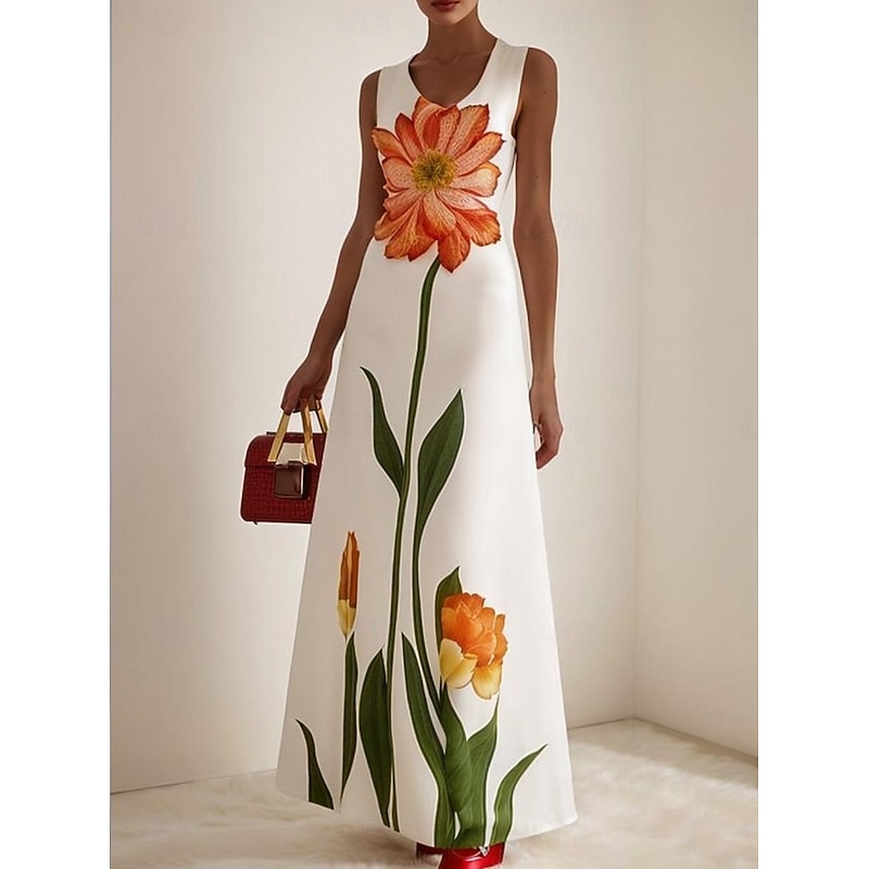 Women's White Champagne Blue Summer Spring Maxi Dress A Line Dress Vacation Casual Beach Formal Wedding Dailywear Regular Fit Floral Graphic Crew Neck2