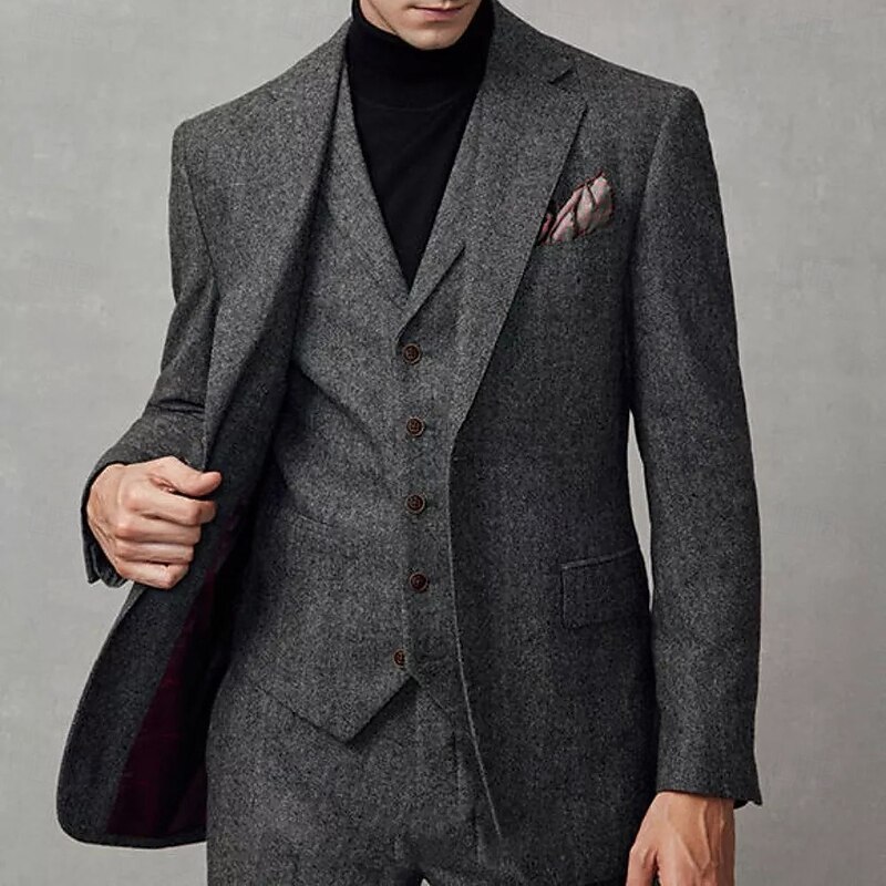Men's Tweed Suits Wool Business Suits Dark Grey Formal Vintage Solid Colored Standard Fit 2 Piece Single Breasted Two-buttons3