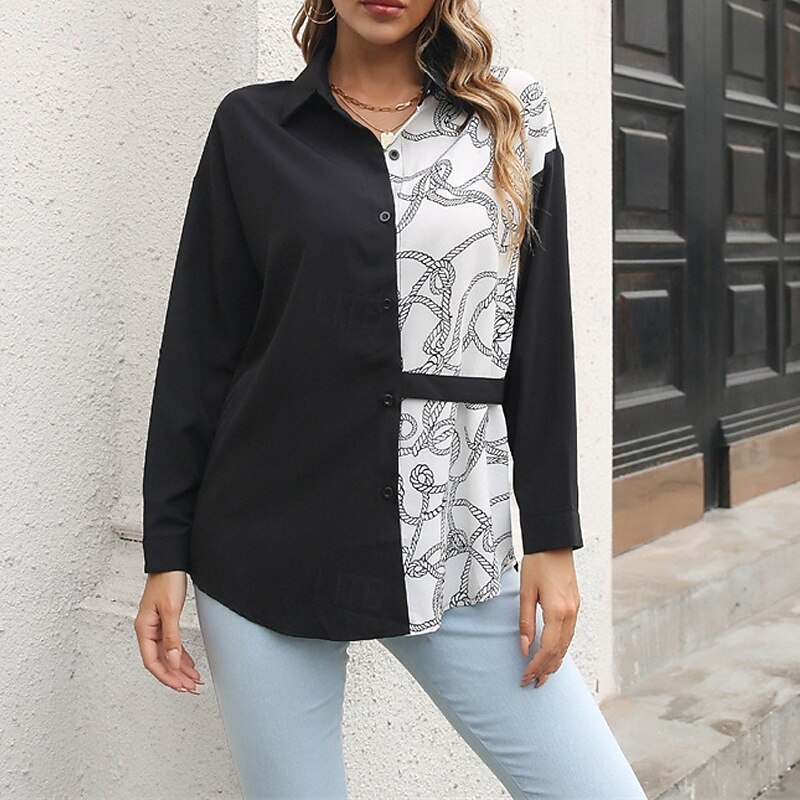 Women's Summer Tops Chiffon Tops Color Block Daily Stylish Basic Long Sleeve Shirt Collar Regular Tops Work Daily Holiday Patchwork Print Black And White Black White Spring Fall3