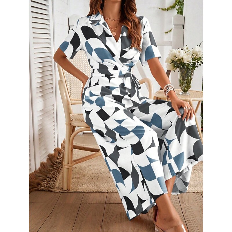 Women's Normal Jumpsuit Active Geometric Short Sleeve Wide Leg Shirt Collar Lace up High Waist Vacation Daily Regular Fit Black Red Green Summer3