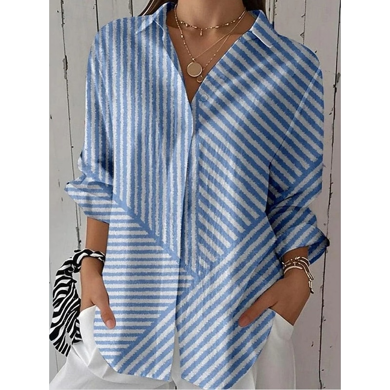 Women's Shirt Button Down Tunic Shirt Collar Long Sleeve Graphic Geometric Plaid Casual Regular Tops Work Daily s Print Blue Sky Blue Orange Brown Light Blue Spring Fall