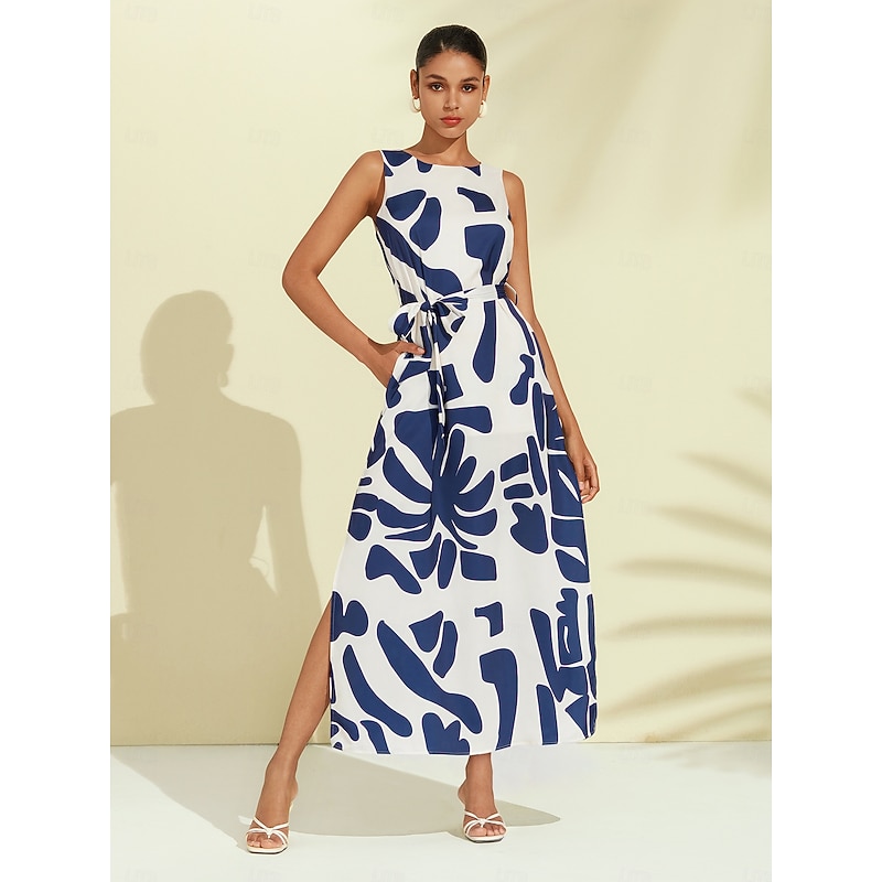 Women's Casual Dress Loose Dress Black White Sleeveless Floral Botanical Print Loose Spring & Summer Round Casual Daily Casual Vacation S M L