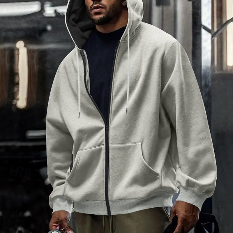 Men's Hoodie Full Zip Hoodie Fleece Hoodie Black Navy Blue Green Khaki Light Grey Hooded Plain Zipper Pocket Work Sports & Outdoor Casual Basic Casual Workout Fall Winter Clothing Apparel Hoodies