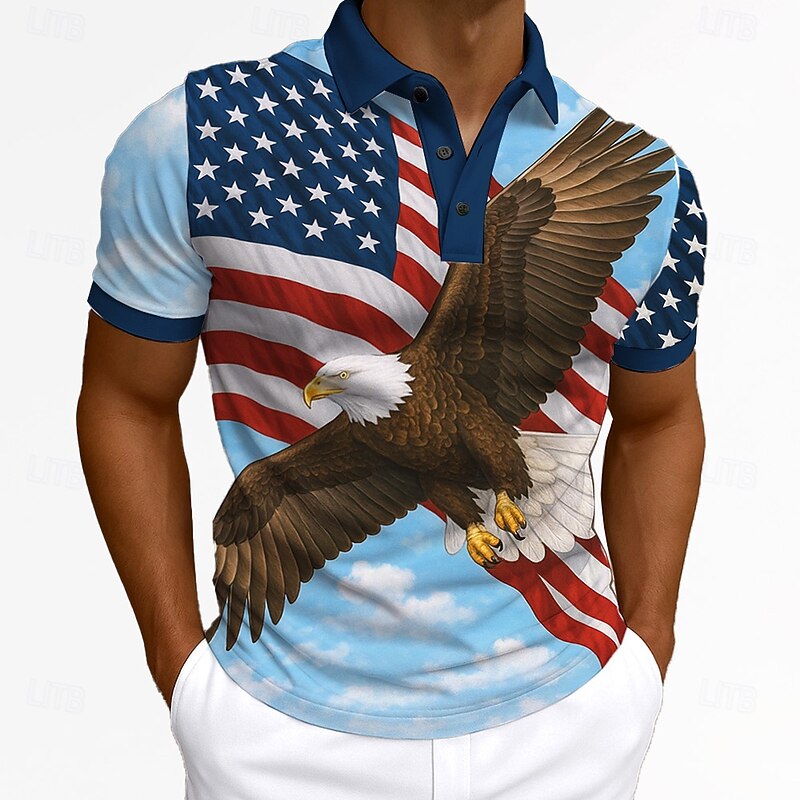 Independence Day Men's American US Flag Eagle Polo Short Sleeves Lapel Casual Daily Sports & Outdoor Athleisure Festival Buttons Summer Dark red Robin's Egg Blue Navy Blue4