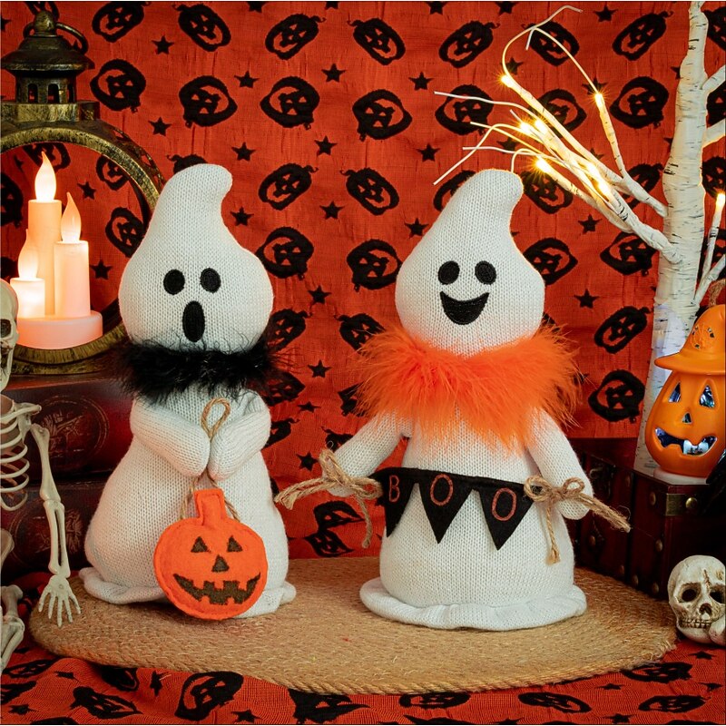 Halloween Ghost Plush Doll with Scarf, Spooky Little Ghoul Figurine for Halloween Night Decor, Table Display, Gift and Home Decoration