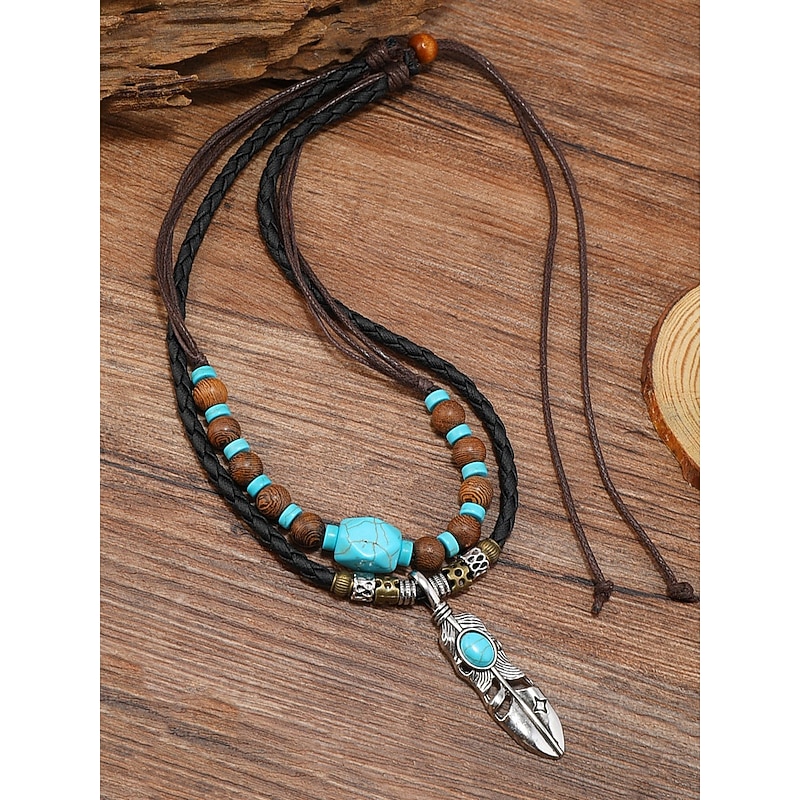 Men's Vintage Feather Pendant Necklace with Turquoise Beads – Tribal Style Leather Rope Jewelry for Festivals, Travel and Everyday Casual Wear