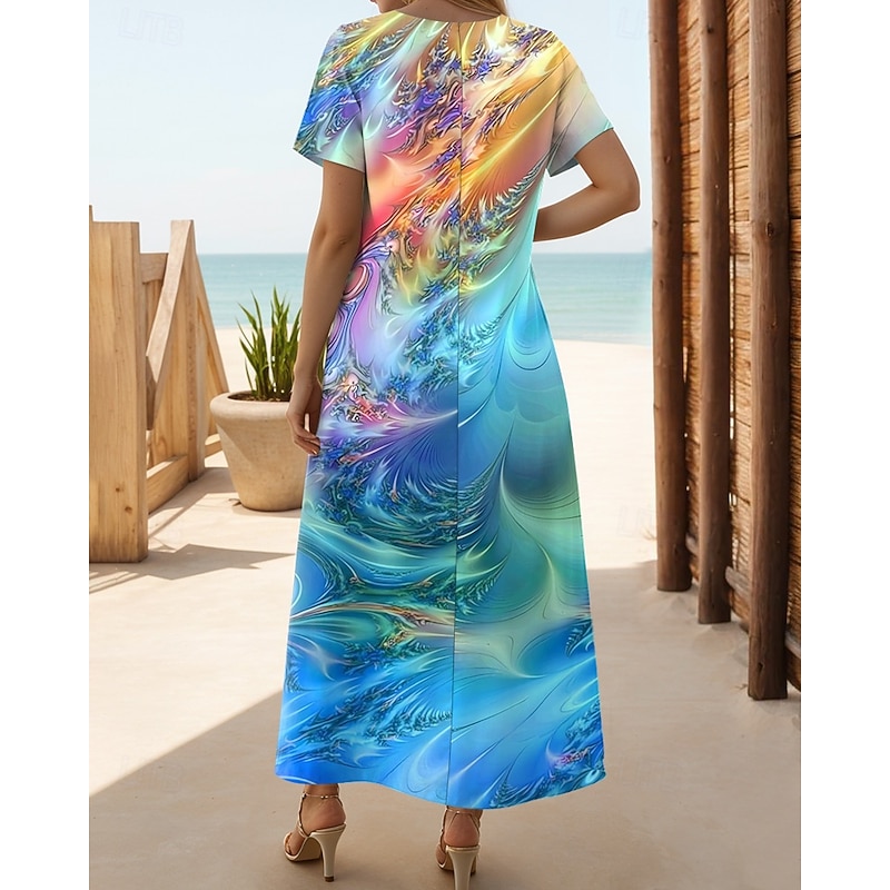 Women's Midi Dress Sundress A Line Dress Vacation Casual Boho Going out Standard Fit Ombre Graphic Geometric Short Sleeve V Neck Blue Summer Spring Fall2