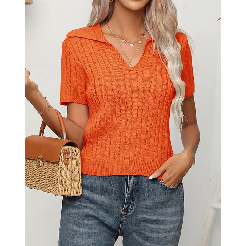 Women's Pullover Casual Solid Color Chunky V Neck Knitted Short Sleeves Regular Tops Knit Daily Holiday Going out Blue Orange Summer3