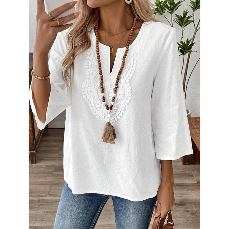 Women's Lace Shirt Solid Color Stylish Casual 3/4 Length Sleeve V Neck Regular Tops Daily Lace Patchwork White Red Blue Gold Summer Spring