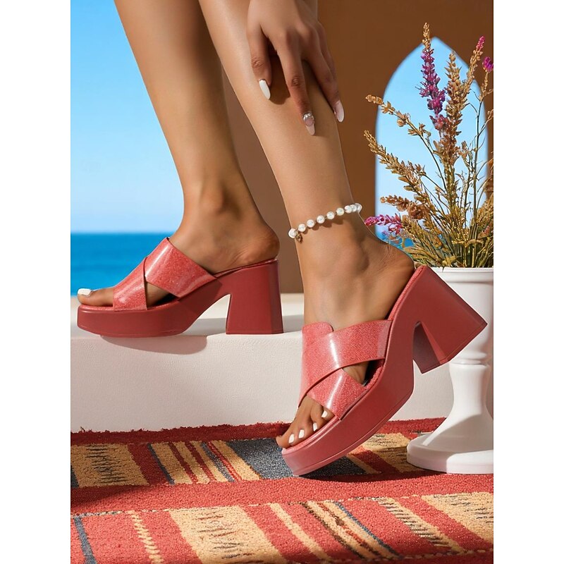 Women's Red Crisscross Platform Slide Sandals – Chunky Heel Summer Shoes with Glitter Finish for Beach, Vacation, and Casual Wear3